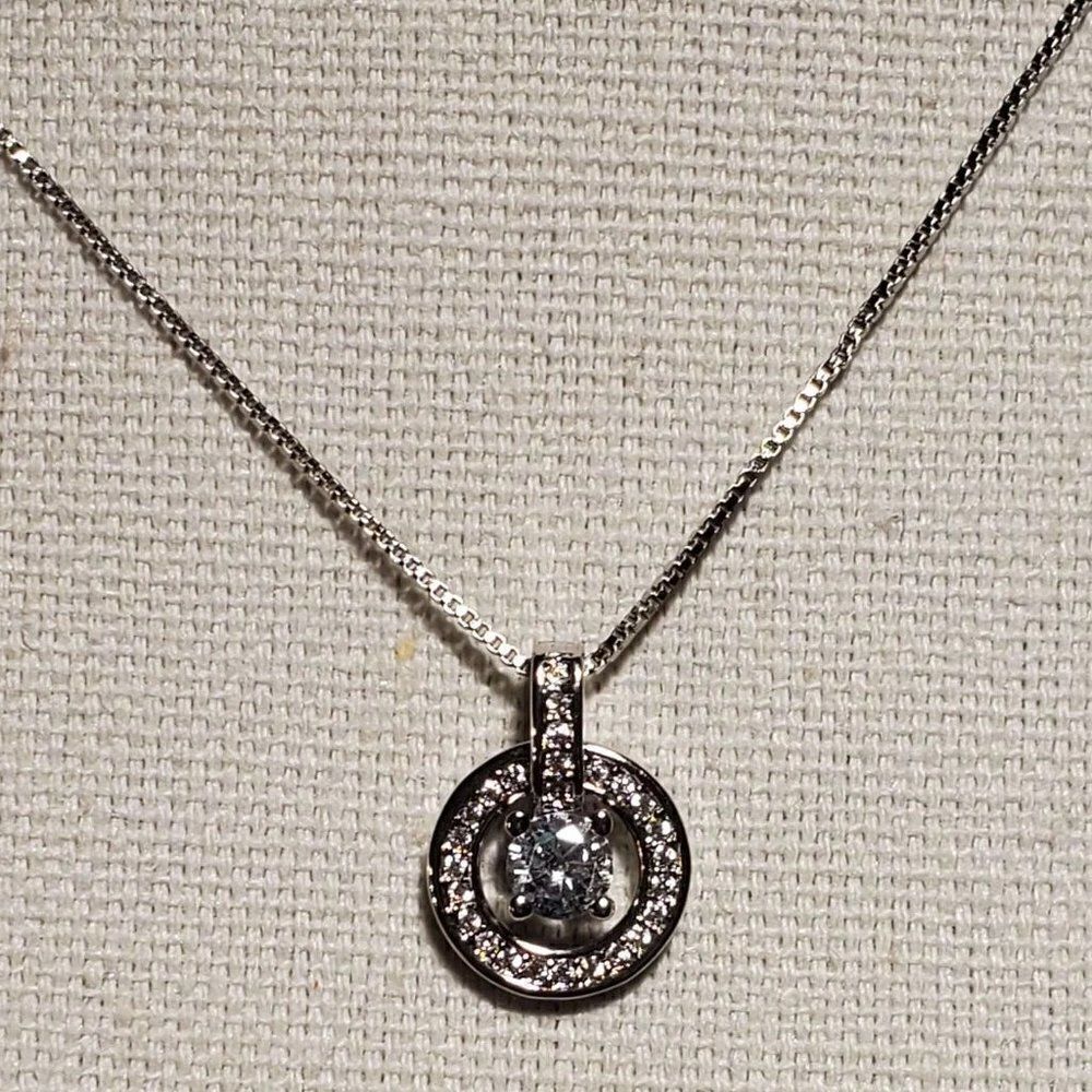 Sterling Silver Solitaire and Halo Pendant Necklace - Picture 6 of 7